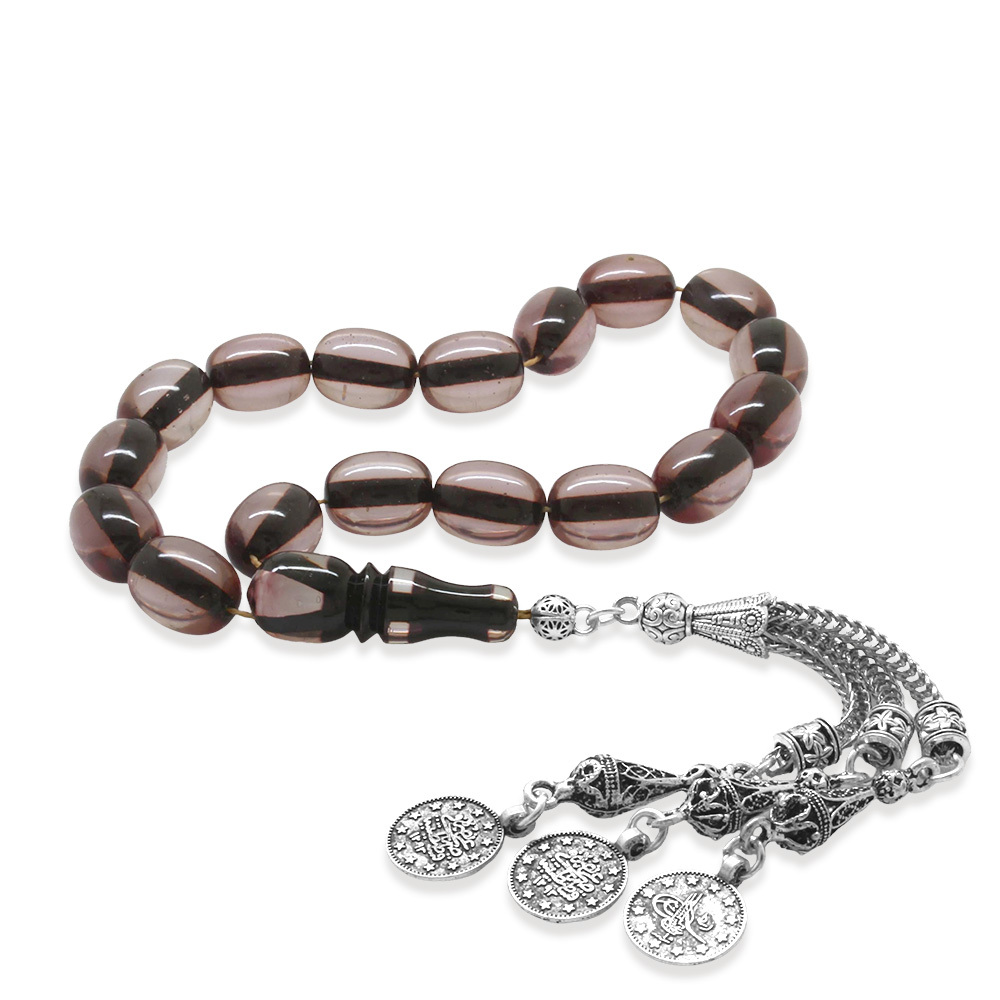 Ateş Kehribar Efe Tesbih - Kararmaz Metal Püsküllü - Çift Renk İmameli - Şeffaf Renk - Özel Kesim - 4