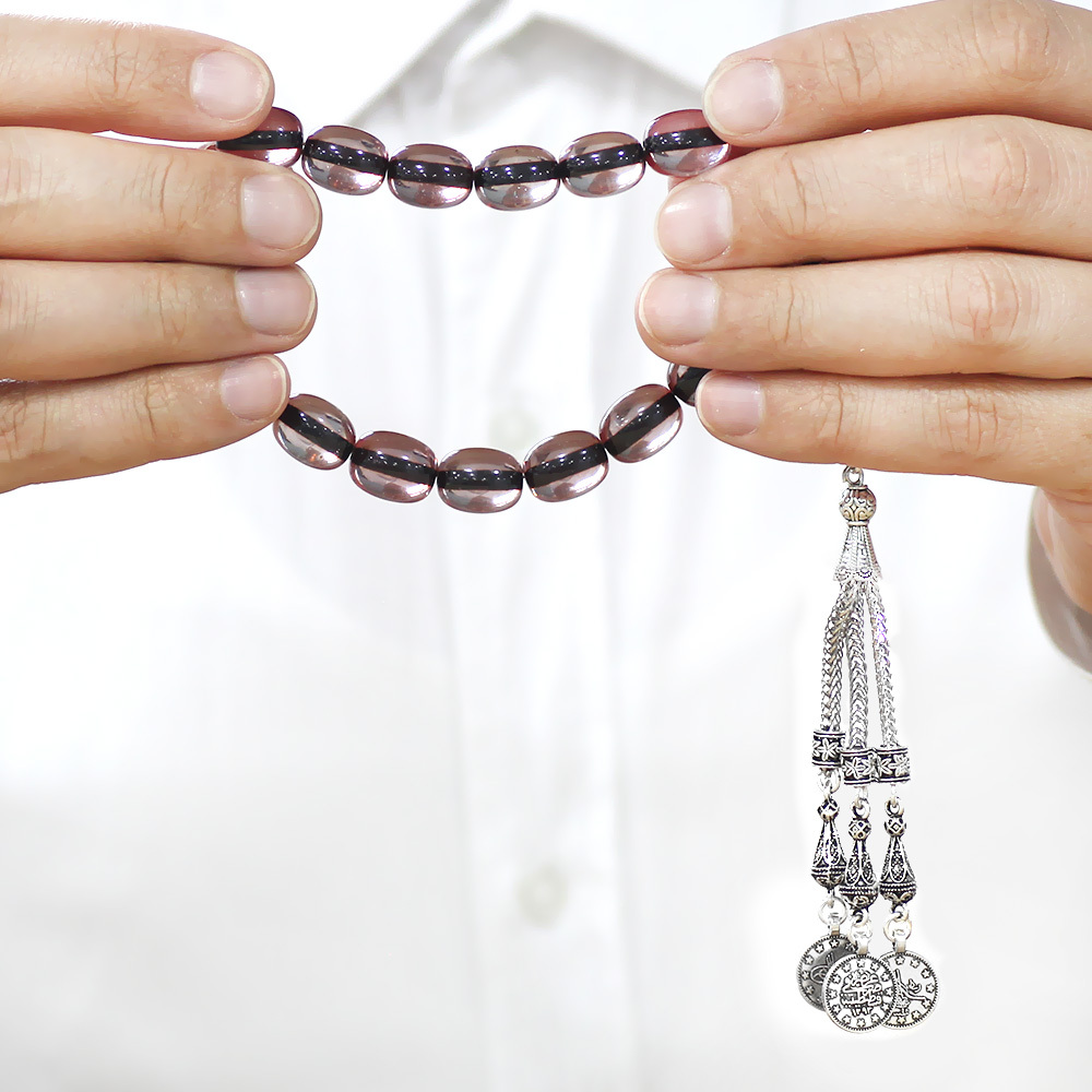 Ateş Kehribar Efe Tesbih - Kararmaz Metal Püsküllü - Çift Renk İmameli - Şeffaf Renk - Özel Kesim - 3