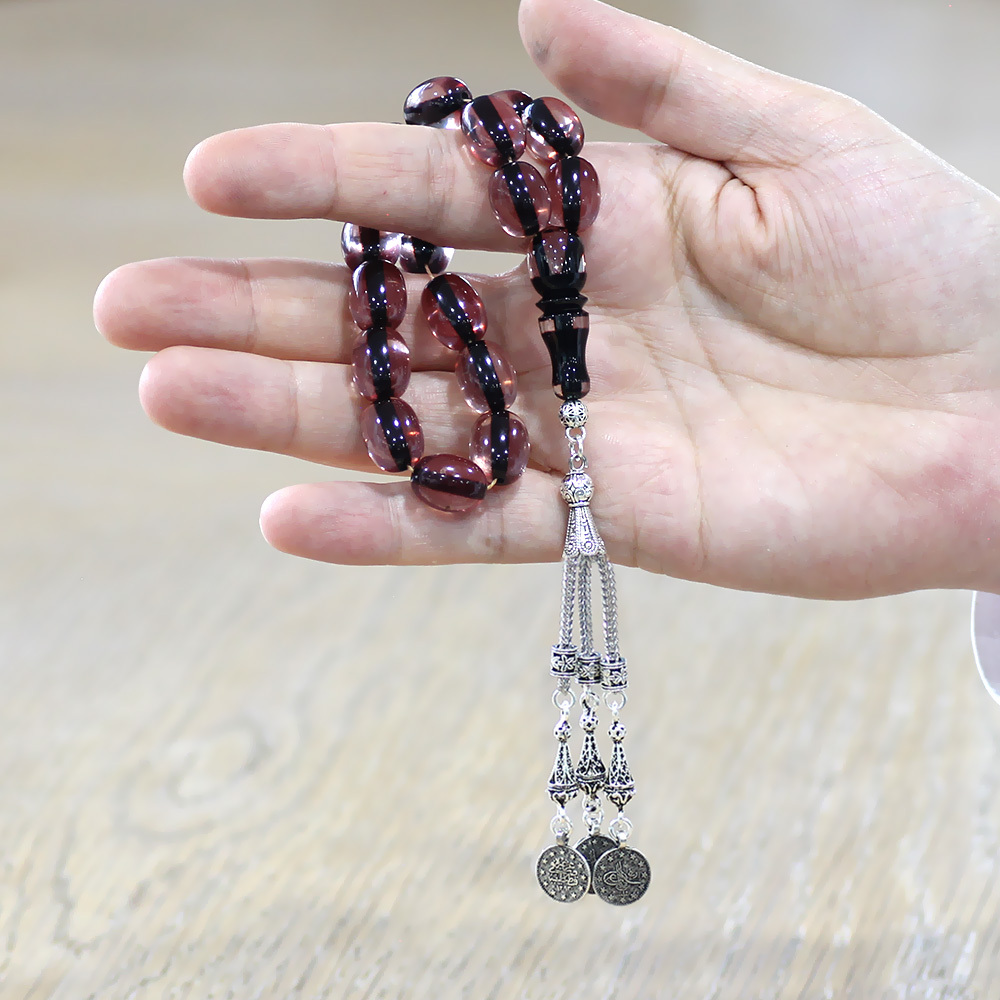 Ateş Kehribar Efe Tesbih - Kararmaz Metal Püsküllü - Çift Renk İmameli - Şeffaf Renk - Özel Kesim - 2