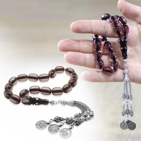 Ateş Kehribar Efe Tesbih - Kararmaz Metal Püsküllü - Çift Renk İmameli - Şeffaf Renk - Özel Kesim - Tesbihane