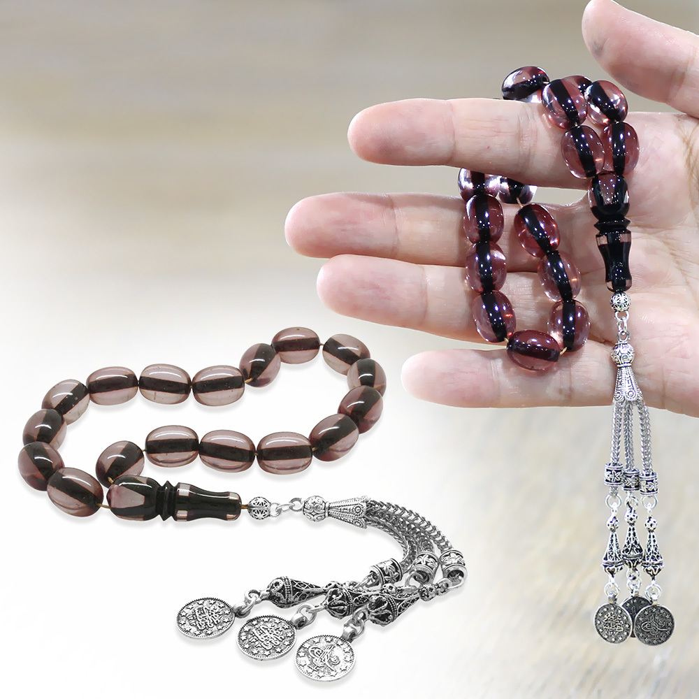 Ateş Kehribar Efe Tesbih - Kararmaz Metal Püsküllü - Çift Renk İmameli - Şeffaf Renk - Özel Kesim - 1