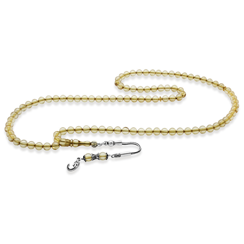 Ateş Kehribar Namaz Tesbihi - 925 Ayar Gümüş Vav Püsküllü - Şeffaf Renk - Küre Kesim - 4