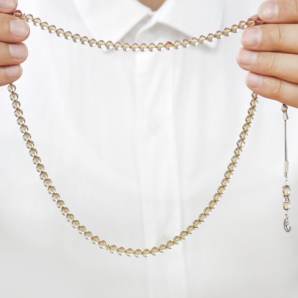 Ateş Kehribar Namaz Tesbihi - 925 Ayar Gümüş Vav Püsküllü - Şeffaf Renk - Küre Kesim - 3