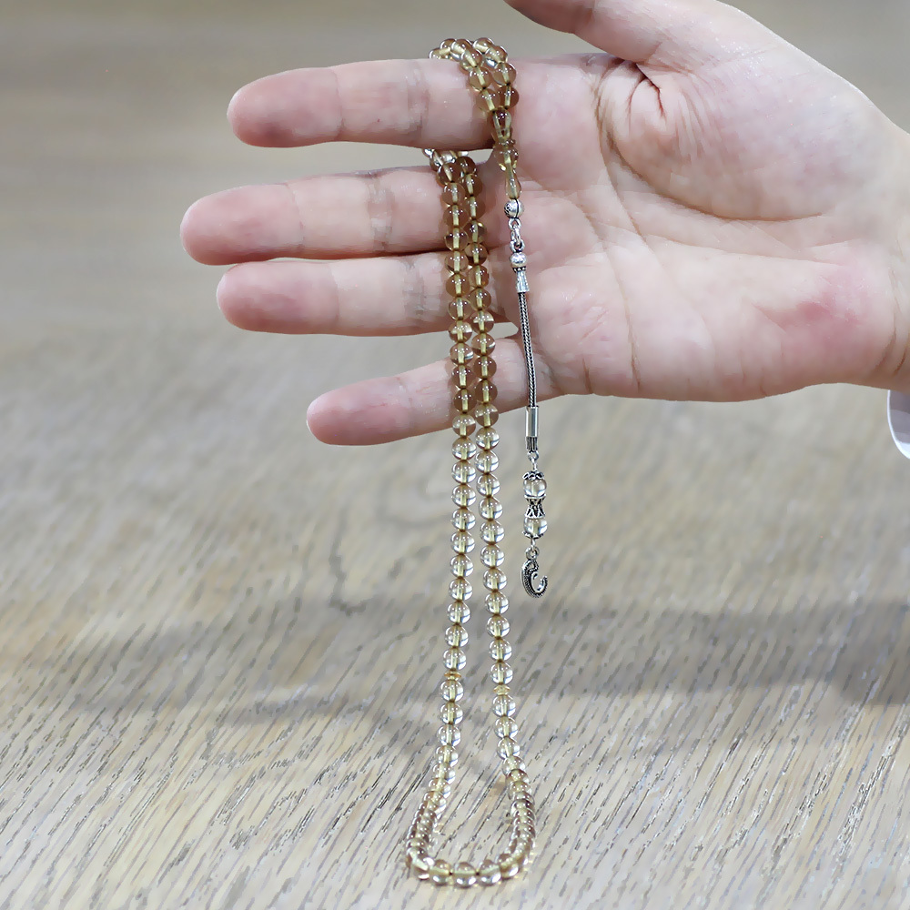 Ateş Kehribar Namaz Tesbihi - 925 Ayar Gümüş Vav Püsküllü - Şeffaf Renk - Küre Kesim - 2