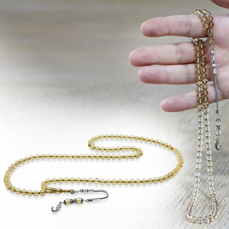 Ateş Kehribar Namaz Tesbihi - 925 Ayar Gümüş Vav Püsküllü - Şeffaf Renk - Küre Kesim - Tesbihane