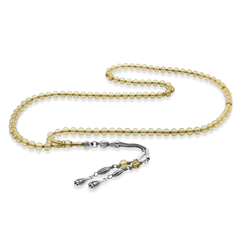 Ateş Kehribar Namaz Tesbihi - Kararmaz Metal Damla Püsküllü - Şeffaf Renk - Küre Kesim - 4