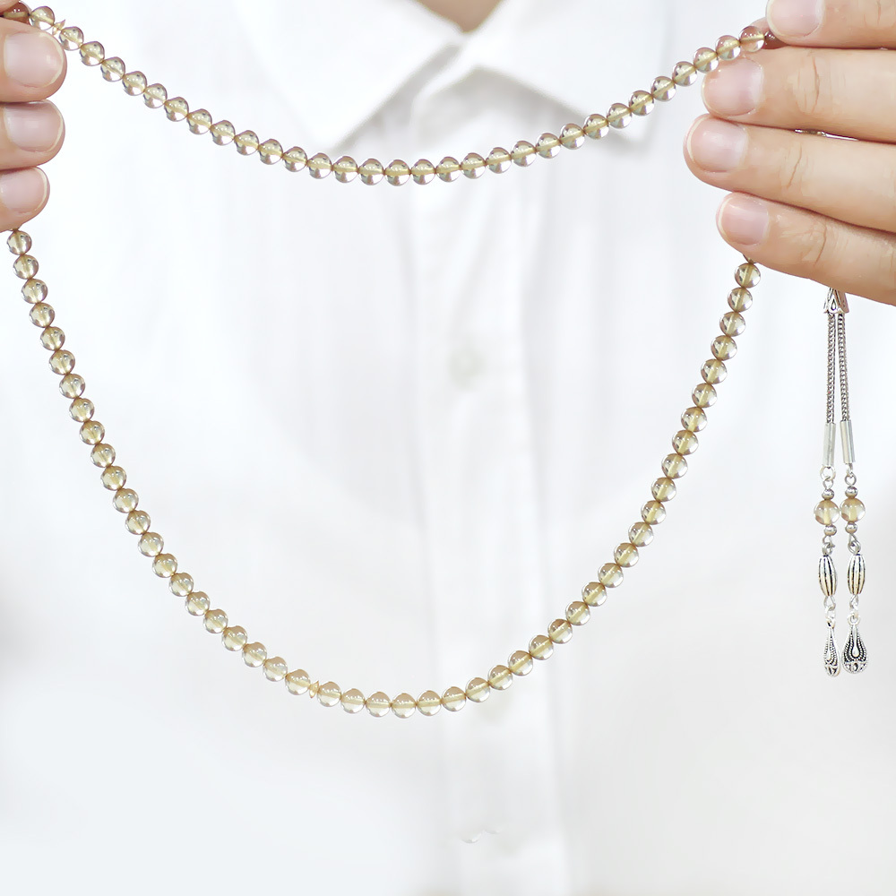 Ateş Kehribar Namaz Tesbihi - Kararmaz Metal Damla Püsküllü - Şeffaf Renk - Küre Kesim - 3