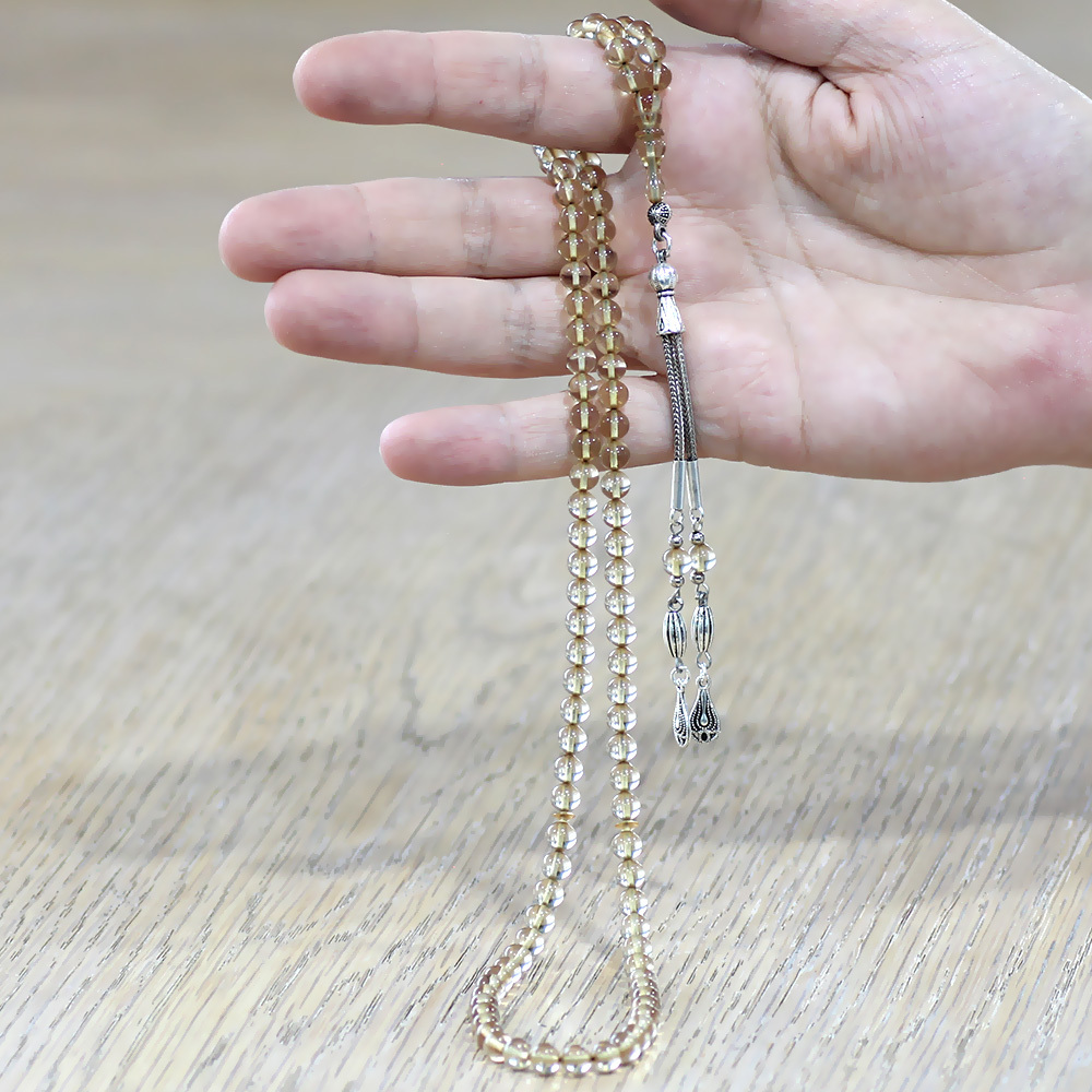 Ateş Kehribar Namaz Tesbihi - Kararmaz Metal Damla Püsküllü - Şeffaf Renk - Küre Kesim - 2