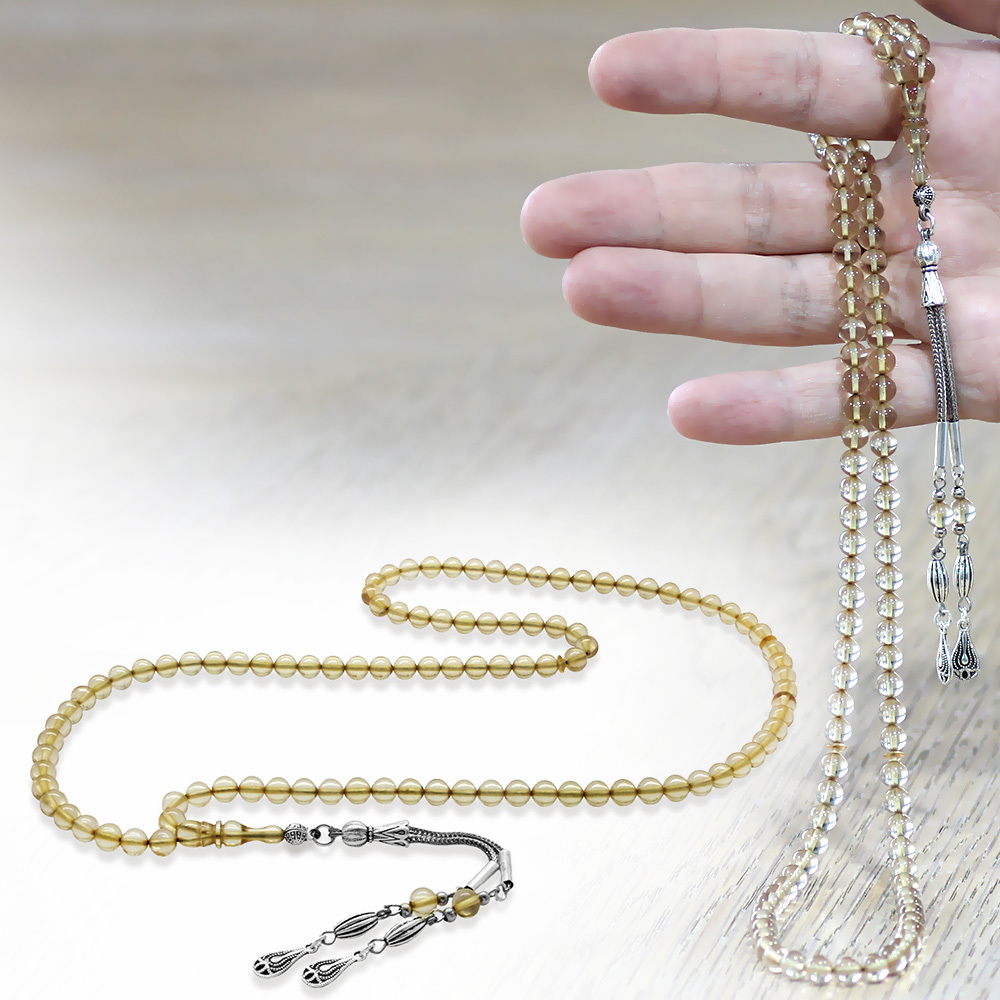 Ateş Kehribar Namaz Tesbihi - Kararmaz Metal Damla Püsküllü - Şeffaf Renk - Küre Kesim - 1