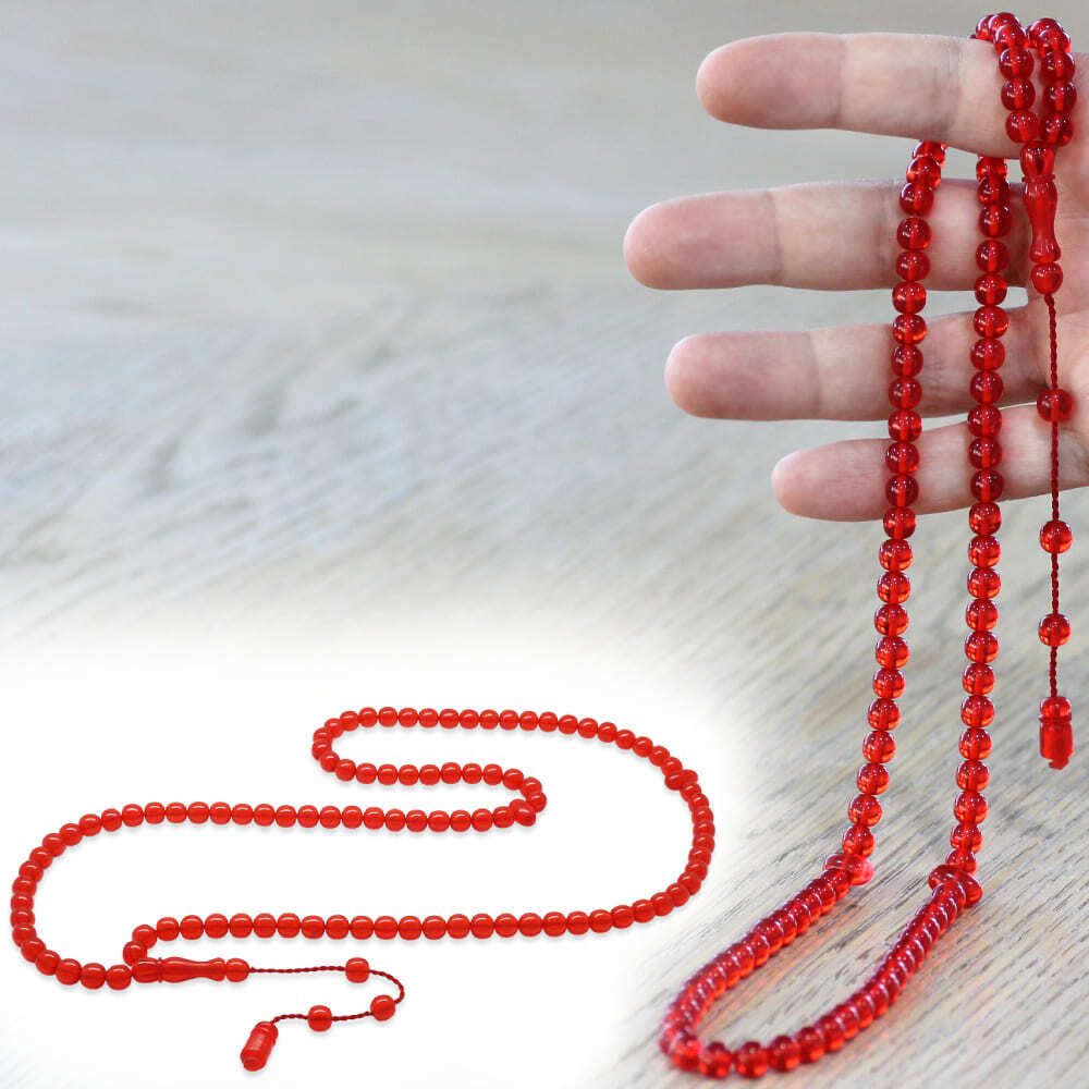 Ateş Kehribar Namaz Tesbihi - Sistemli - Bayrak Kırmızı Renk - Özel Kesim - 1