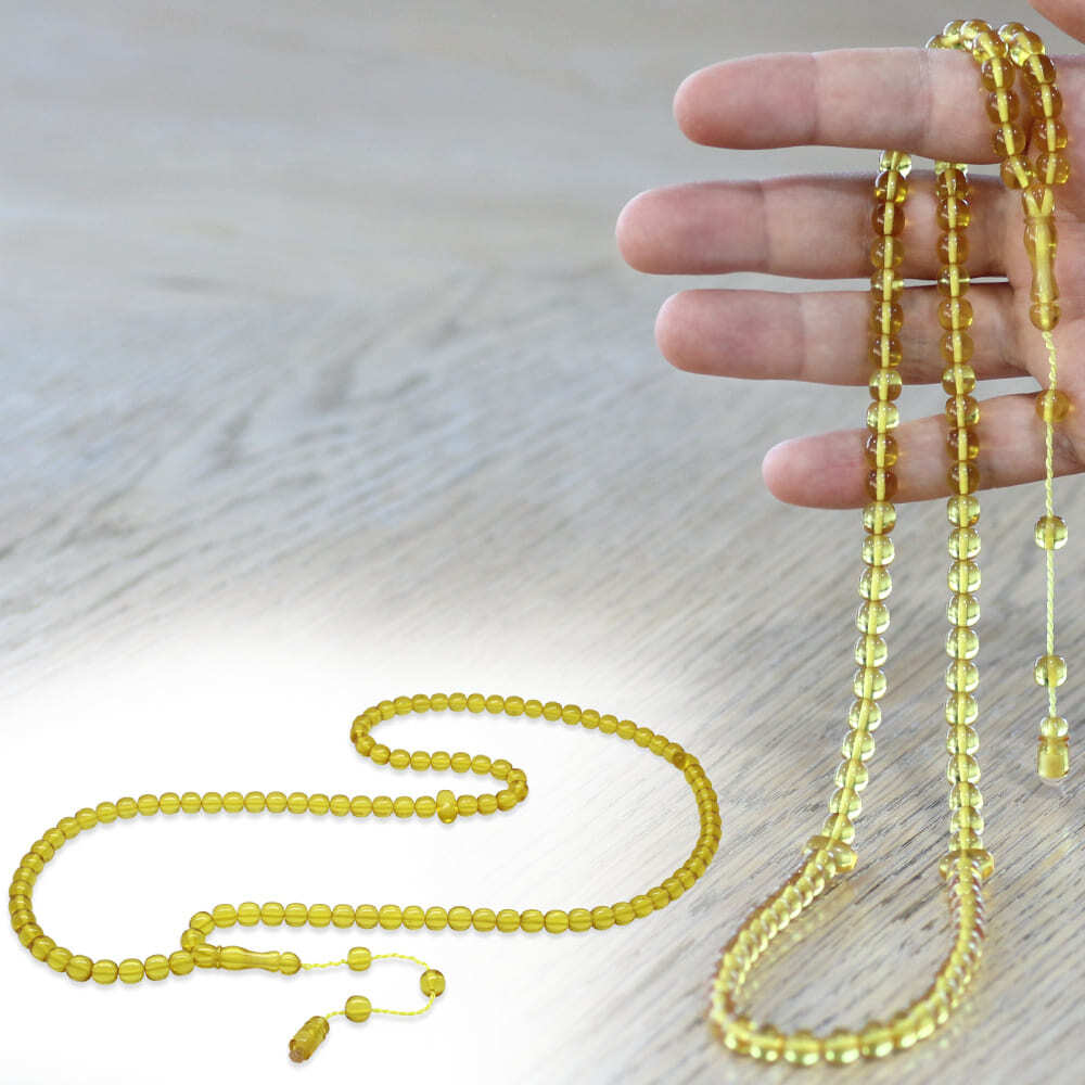 Ateş Kehribar Namaz Tesbihi - Sistemli - Sarı Renk - Özel Kesim - 1