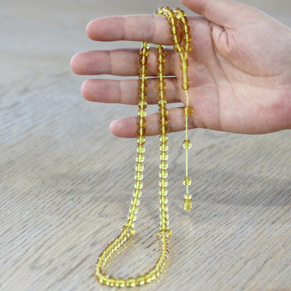 Ateş Kehribar Namaz Tesbihi - Sistemli - Sarı Renk - Özel Kesim - 2