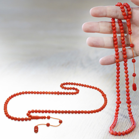 Ateş Kehribar Namaz Tesbihi - Sistemli - Kırmızı Renk - Özel Kesim - Tesbihane