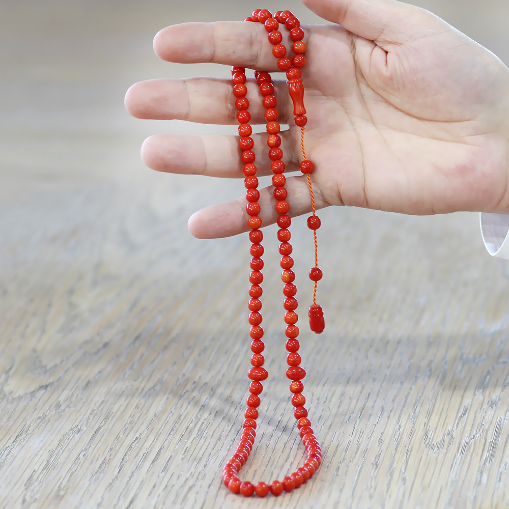 Ateş Kehribar Namaz Tesbihi - Sistemli - Kırmızı Renk - Özel Kesim - 2