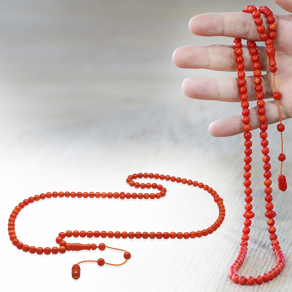 Ateş Kehribar Namaz Tesbihi - Sistemli - Kırmızı Renk - Özel Kesim - 1