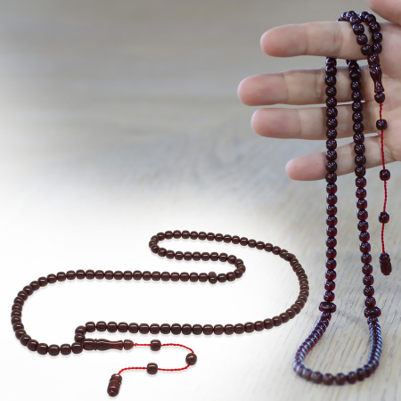 Ateş Kehribar Namaz Tesbihi - Sistemli - Koyu Kırmızı Renk - Özel Kesim - Tesbihane