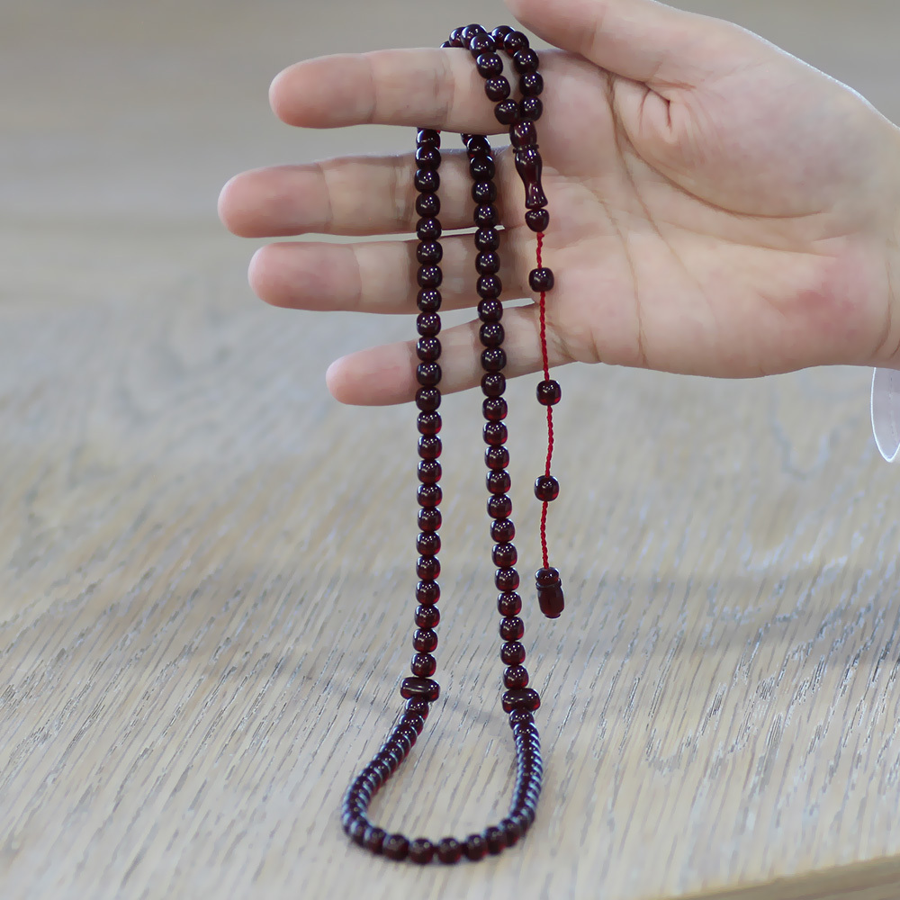 Ateş Kehribar Namaz Tesbihi - Sistemli - Koyu Kırmızı Renk - Özel Kesim - 2
