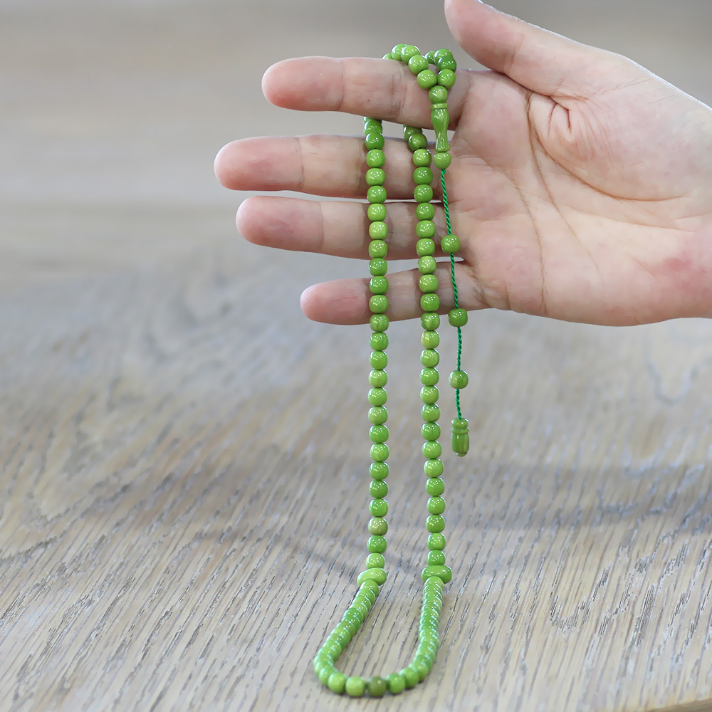 Ateş Kehribar Namaz Tesbihi - Sistemli - Yeşil Renk - Özel Kesim - 2