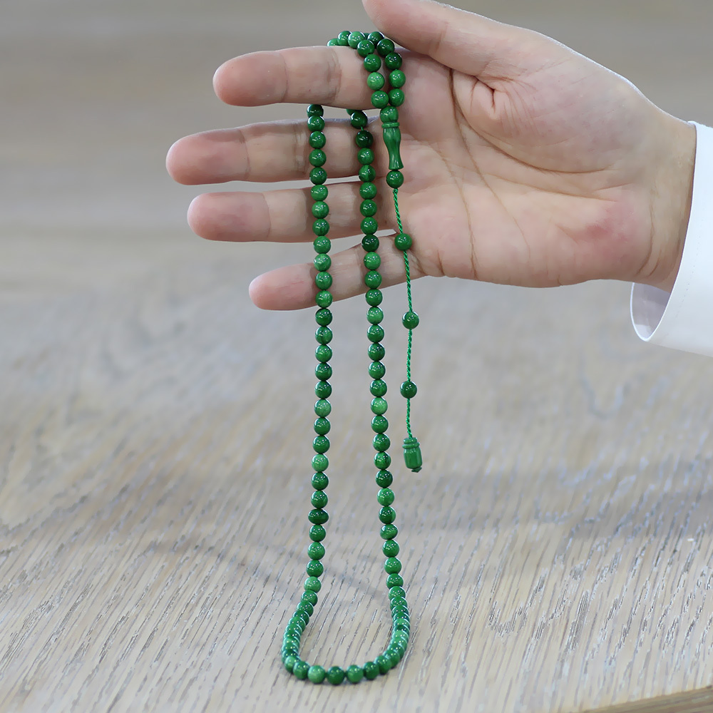 Ateş Kehribar Namaz Tesbihi - Sistemli - Zümrüt Yeşili Renk - Özel Kesim - 2