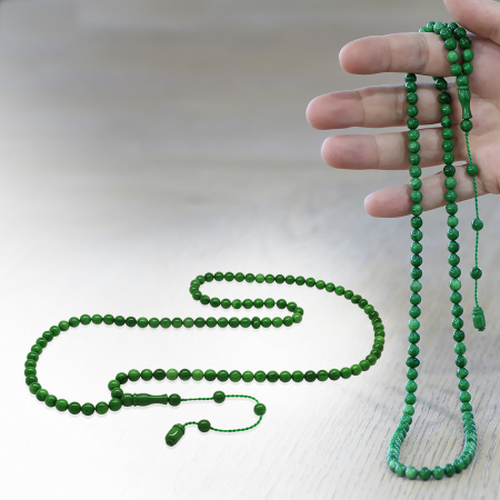 Ateş Kehribar Namaz Tesbihi - Sistemli - Zümrüt Yeşili Renk - Özel Kesim - Tesbihane