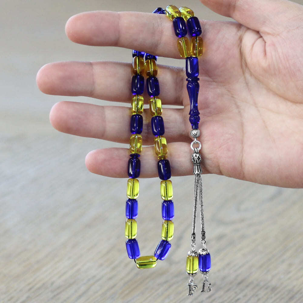 Ateş Kehribar Taraftar Tesbih - Hediye Kutulu - Kişiye Özel 925 Ayar Gümüş Püsküllü - Sarı Lacivert - Kapsül Kesim - 2