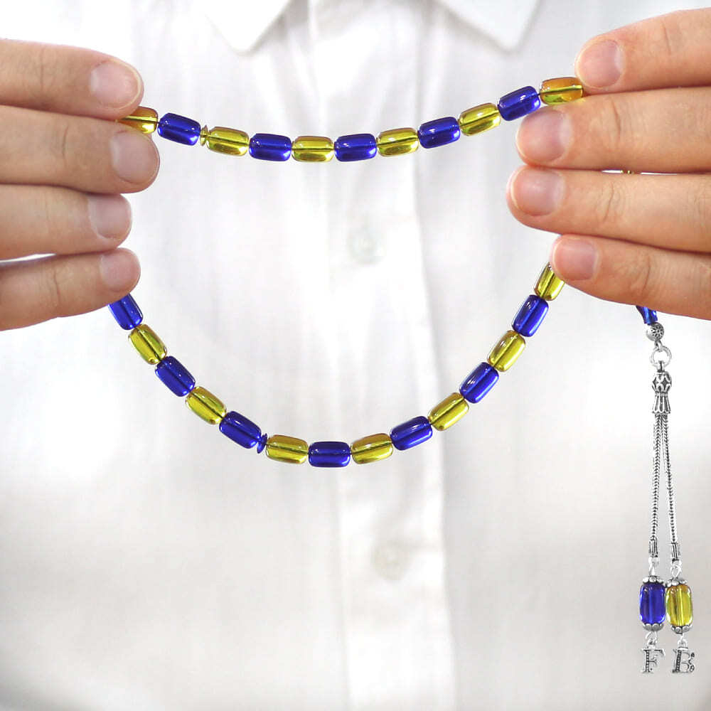 Ateş Kehribar Taraftar Tesbih - Hediye Kutulu - Kişiye Özel 925 Ayar Gümüş Püsküllü - Sarı Lacivert - Kapsül Kesim - 3