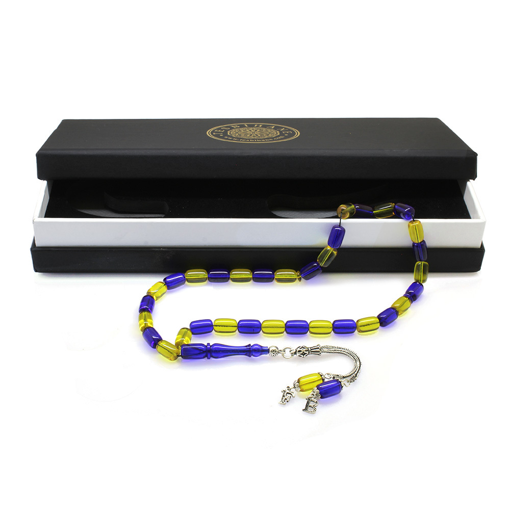 Ateş Kehribar Taraftar Tesbih - Hediye Kutulu - Kişiye Özel 925 Ayar Gümüş Püsküllü - Sarı Lacivert - Kapsül Kesim - 4