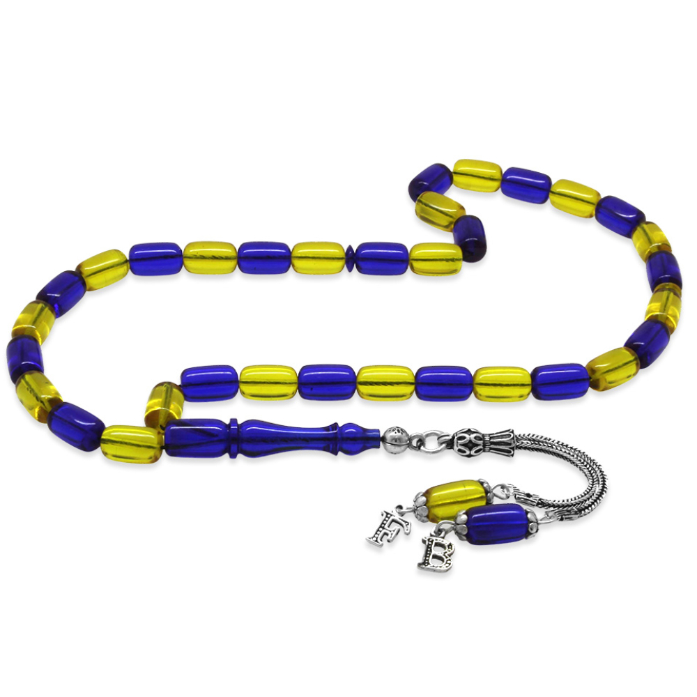 Ateş Kehribar Taraftar Tesbih - Hediye Kutulu - Kişiye Özel 925 Ayar Gümüş Püsküllü - Sarı Lacivert - Kapsül Kesim - 7