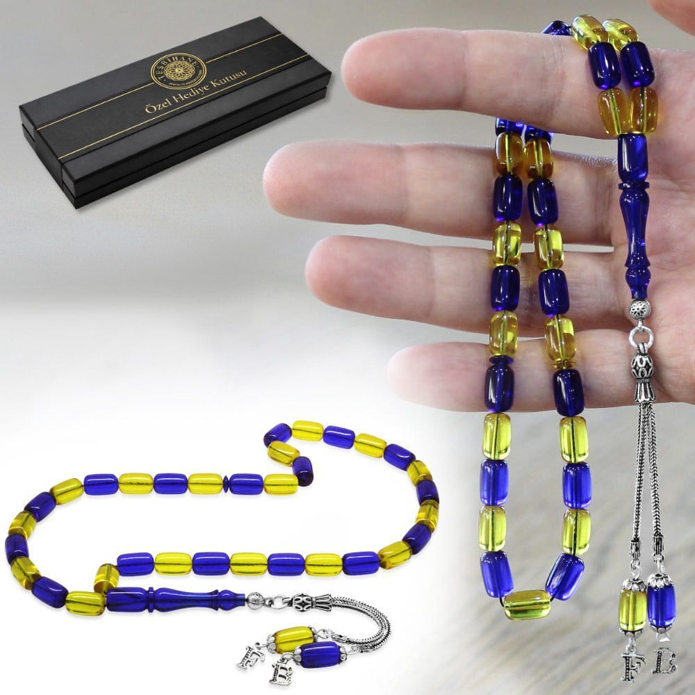Ateş Kehribar Taraftar Tesbih - Hediye Kutulu - Kişiye Özel 925 Ayar Gümüş Püsküllü - Sarı Lacivert - Kapsül Kesim - 1