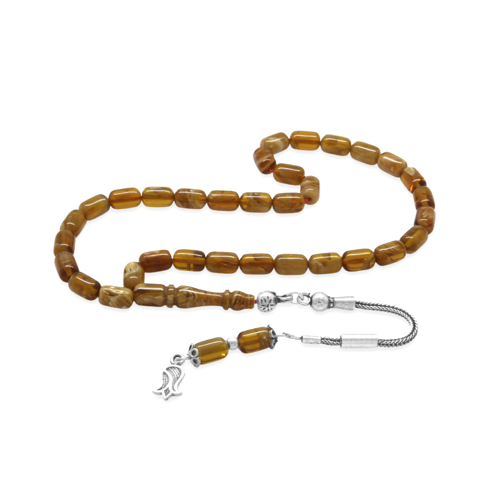 Ateş Kehribar Tesbih - 925 Ayar Gümüş Püsküllü - Bal Rengi Ebruli Renk - Mini Boy - Kapsül Kesim - 4