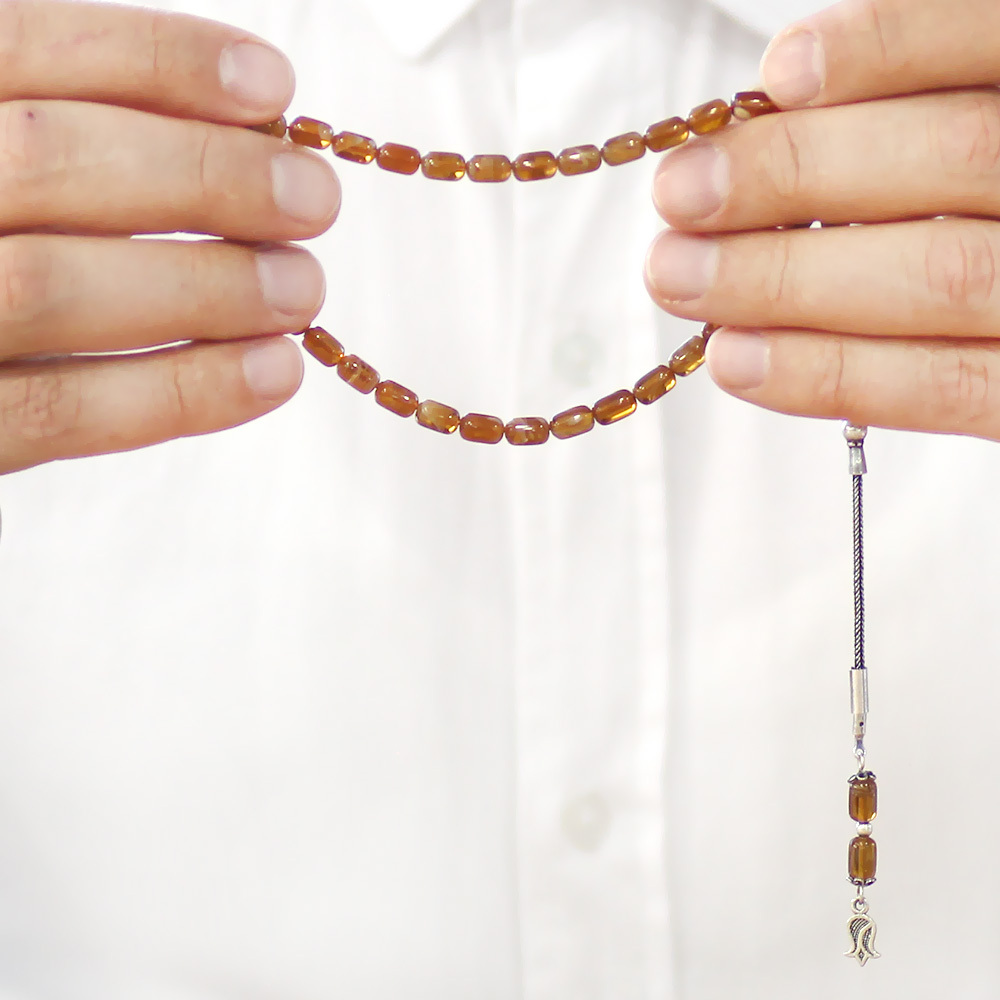 Ateş Kehribar Tesbih - 925 Ayar Gümüş Püsküllü - Bal Rengi Ebruli Renk - Mini Boy - Kapsül Kesim - 3