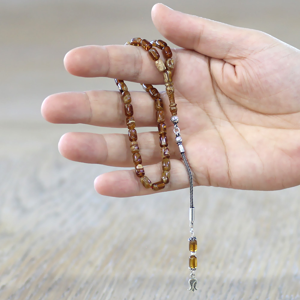 Ateş Kehribar Tesbih - 925 Ayar Gümüş Püsküllü - Bal Rengi Ebruli Renk - Mini Boy - Kapsül Kesim - 2