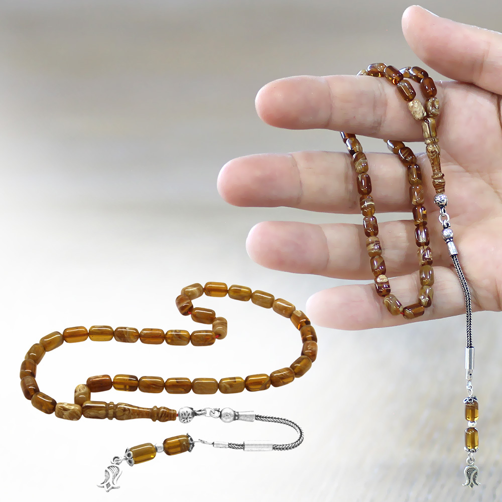 Ateş Kehribar Tesbih - 925 Ayar Gümüş Püsküllü - Bal Rengi Ebruli Renk - Mini Boy - Kapsül Kesim - 1