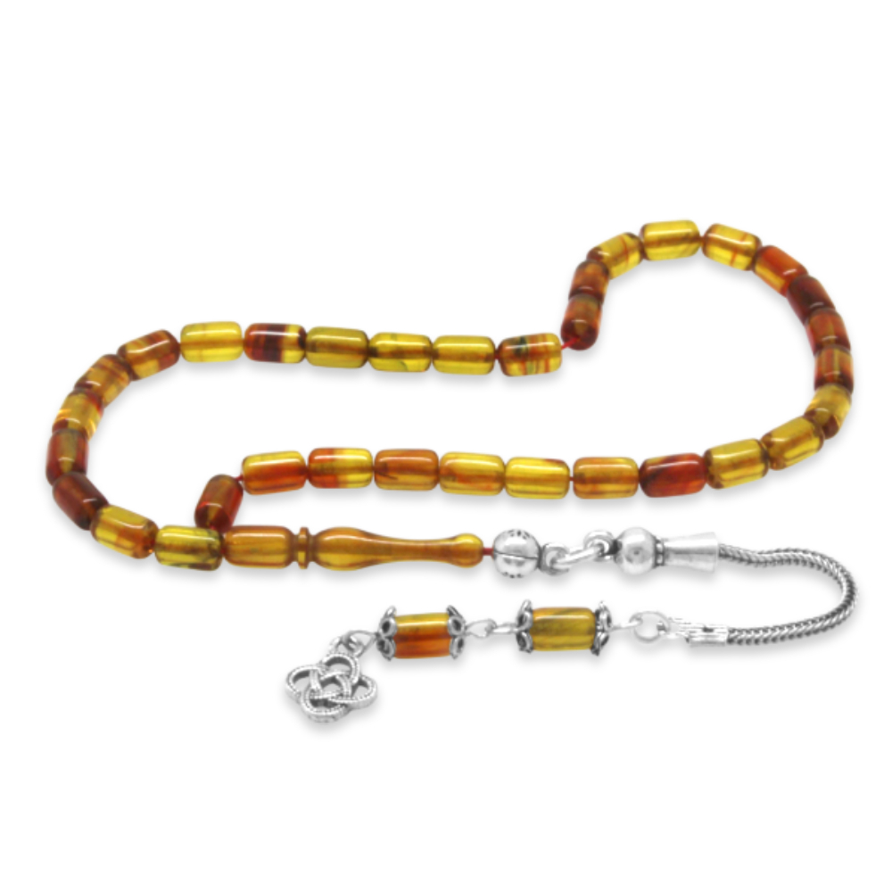 Ateş Kehribar Tesbih - 925 Ayar Gümüş Püsküllü - Bala Sarı Renk - Mini Boy - Kapsül Kesim - 4