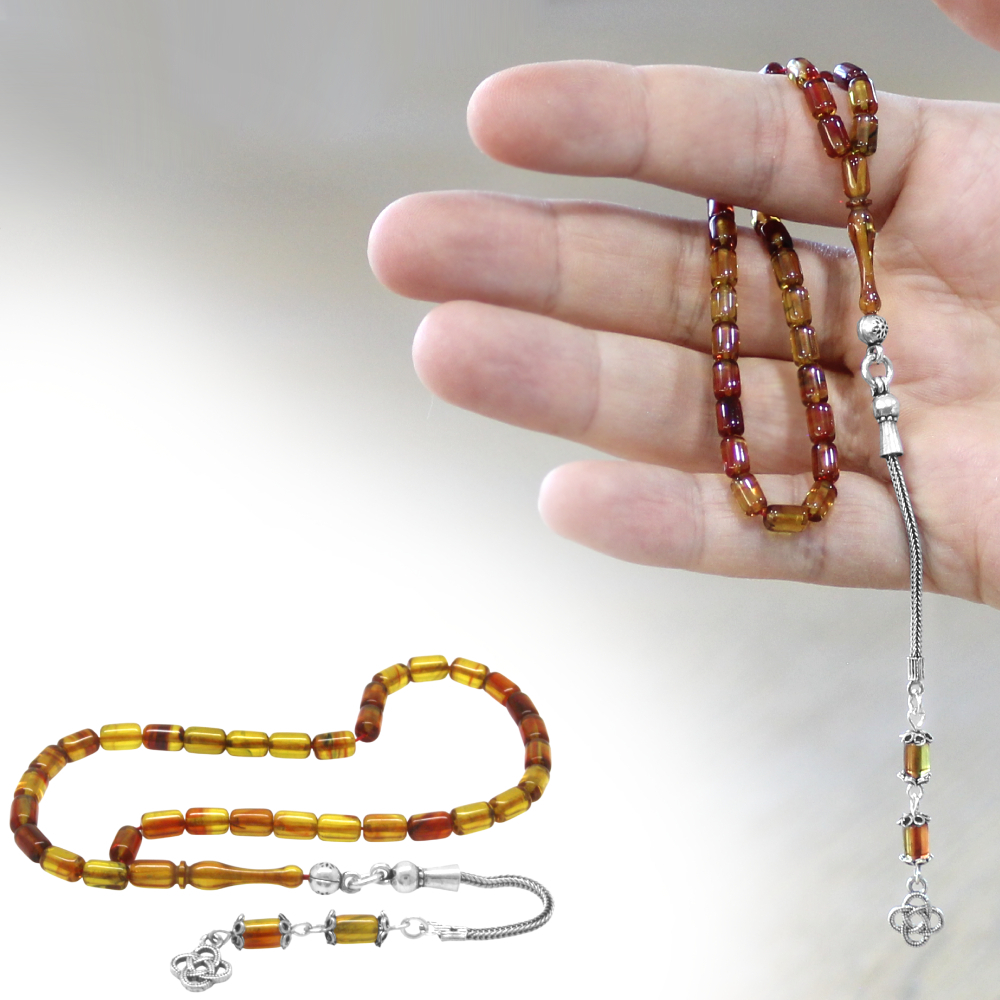 Ateş Kehribar Tesbih - 925 Ayar Gümüş Püsküllü - Bala Sarı Renk - Mini Boy - Kapsül Kesim - 1