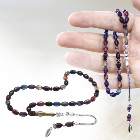 Ateş Kehribar Tesbih - 925 Ayar Gümüş Püsküllü - Mini Boy - Bonibon - Arpa Kesim - Tesbihane