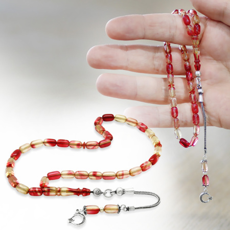 Ateş Kehribar Tesbih - 925 Ayar Gümüş Püsküllü - Mini Boy - Kırmızı Beyaz - Kapsül Kesim - Tesbihane