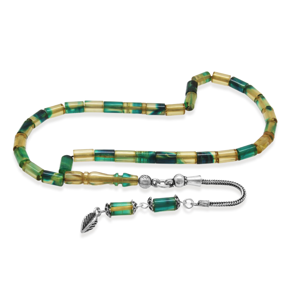 Ateş Kehribar Tesbih - 925 Ayar Gümüş Püsküllü - Mini Boy - Mavi Beyaz - Kesme Kesim - 2