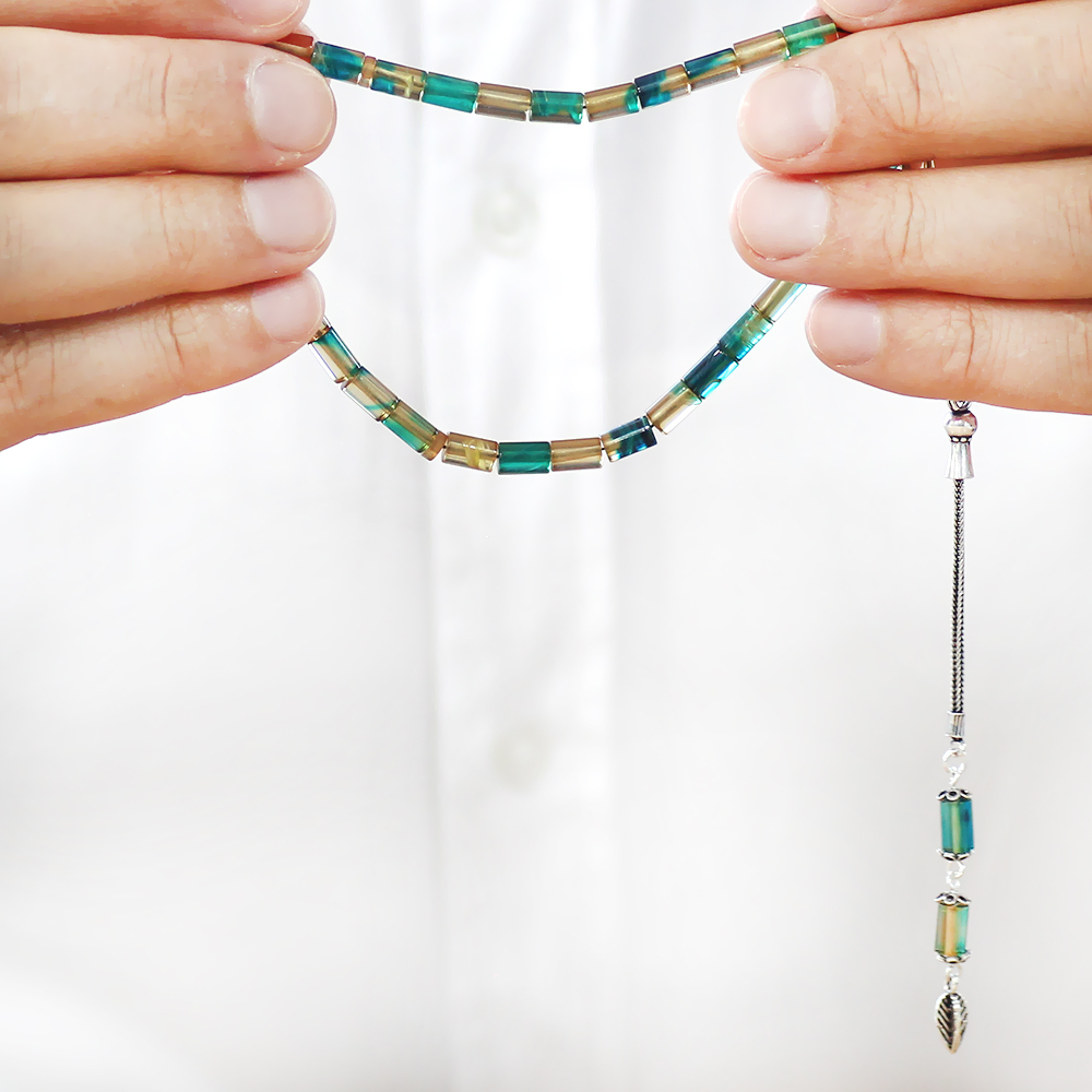 Ateş Kehribar Tesbih - 925 Ayar Gümüş Püsküllü - Mini Boy - Mavi Beyaz - Kesme Kesim - 4