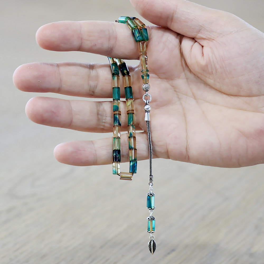 Ateş Kehribar Tesbih - 925 Ayar Gümüş Püsküllü - Mini Boy - Mavi Beyaz - Kesme Kesim - 3