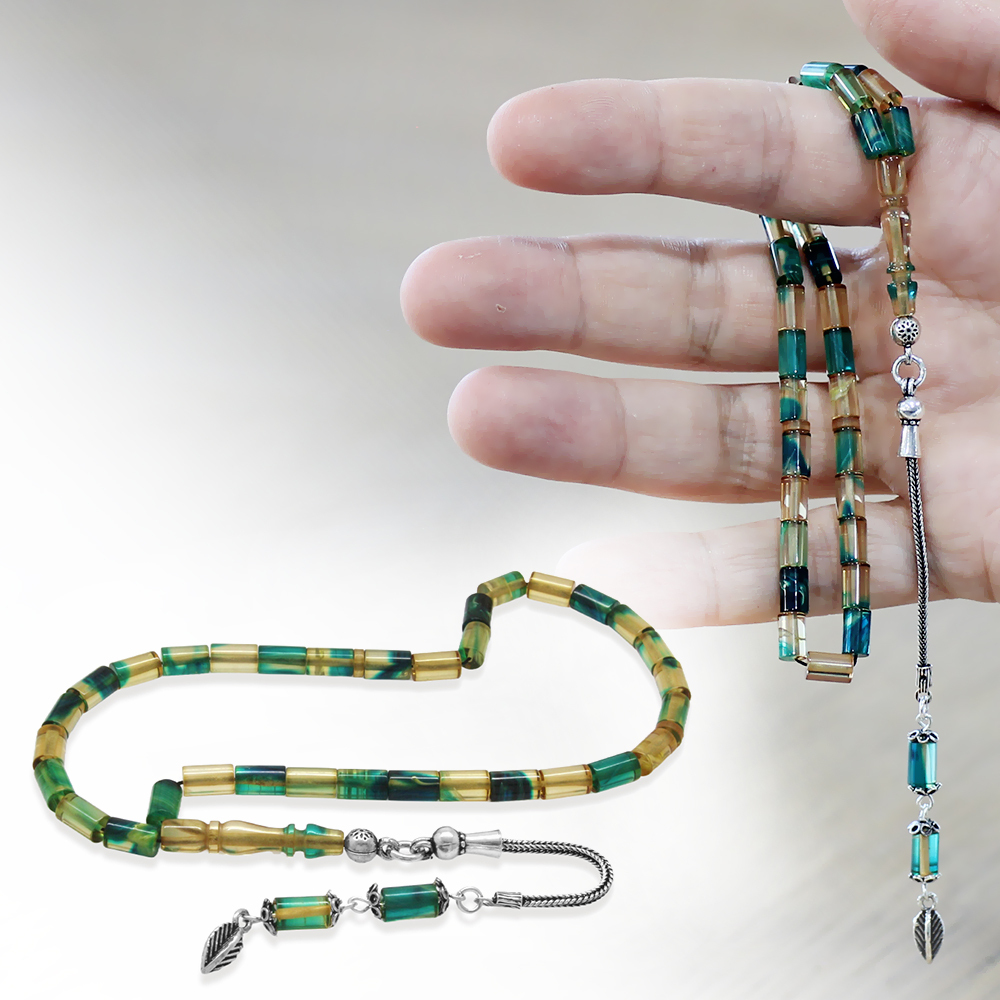 Ateş Kehribar Tesbih - 925 Ayar Gümüş Püsküllü - Mini Boy - Mavi Beyaz - Kesme Kesim - 1