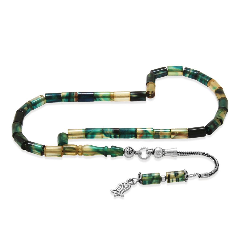 Ateş Kehribar Tesbih - 925 Ayar Gümüş Püsküllü - Mini Boy - Mavi Beyaz Renk - Kesme Kesim - 2