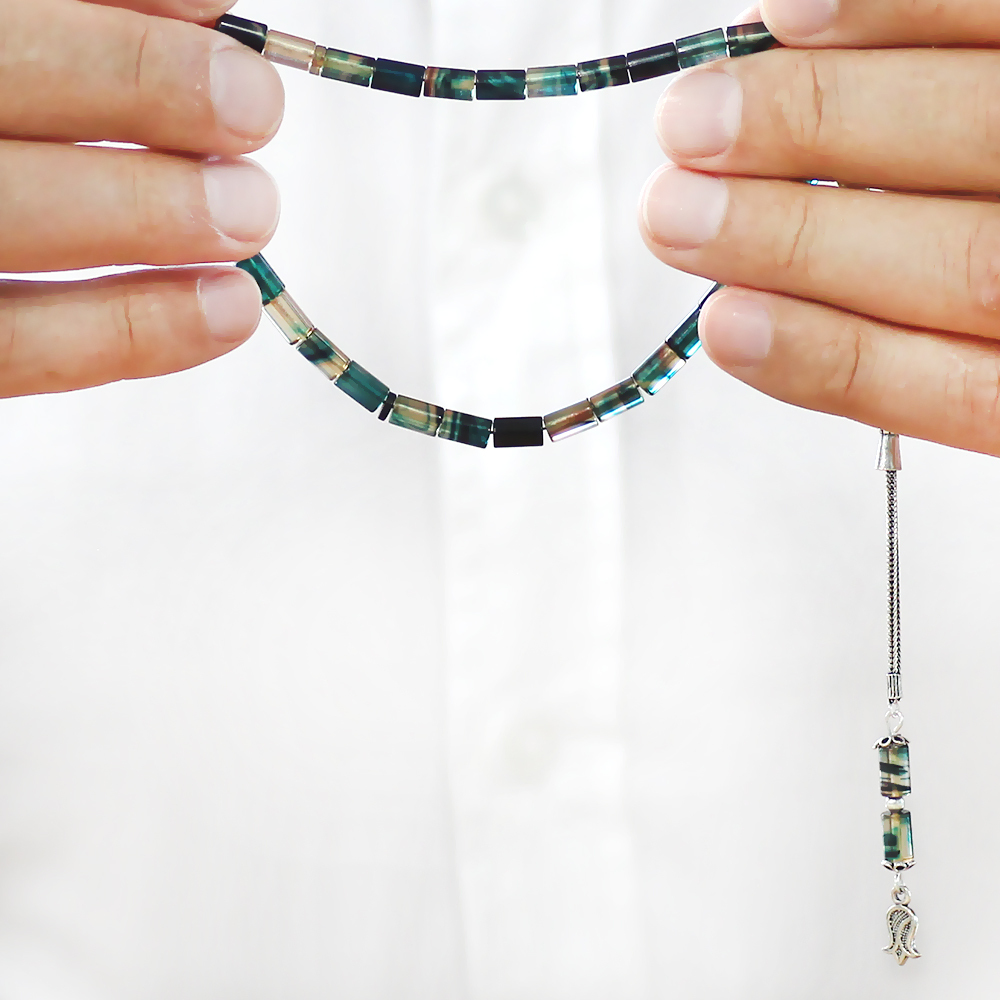 Ateş Kehribar Tesbih - 925 Ayar Gümüş Püsküllü - Mini Boy - Mavi Beyaz Renk - Kesme Kesim - 3