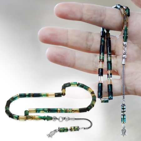 Ateş Kehribar Tesbih - 925 Ayar Gümüş Püsküllü - Mini Boy - Mavi Beyaz Renk - Kesme Kesim - Tesbihane