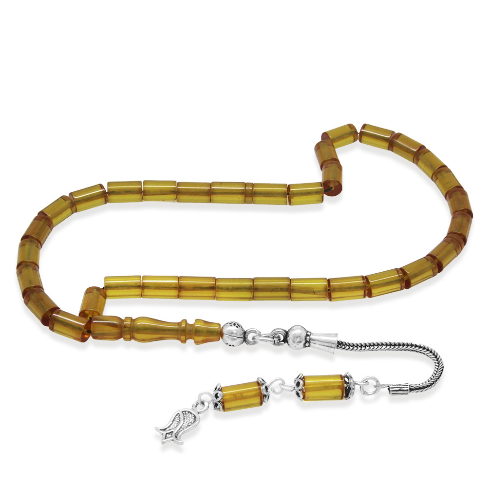 Ateş Kehribar Tesbih - 925 Ayar Gümüş Püsküllü - Mini Boy - Sarı - Kesme Kesim - 2