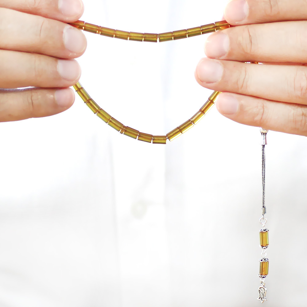 Ateş Kehribar Tesbih - 925 Ayar Gümüş Püsküllü - Mini Boy - Sarı - Kesme Kesim - 4