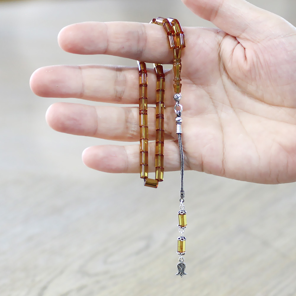 Ateş Kehribar Tesbih - 925 Ayar Gümüş Püsküllü - Mini Boy - Sarı - Kesme Kesim - 3