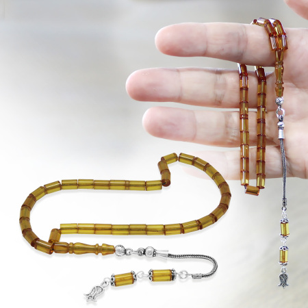 Ateş Kehribar Tesbih - 925 Ayar Gümüş Püsküllü - Mini Boy - Sarı - Kesme Kesim - Tesbihane