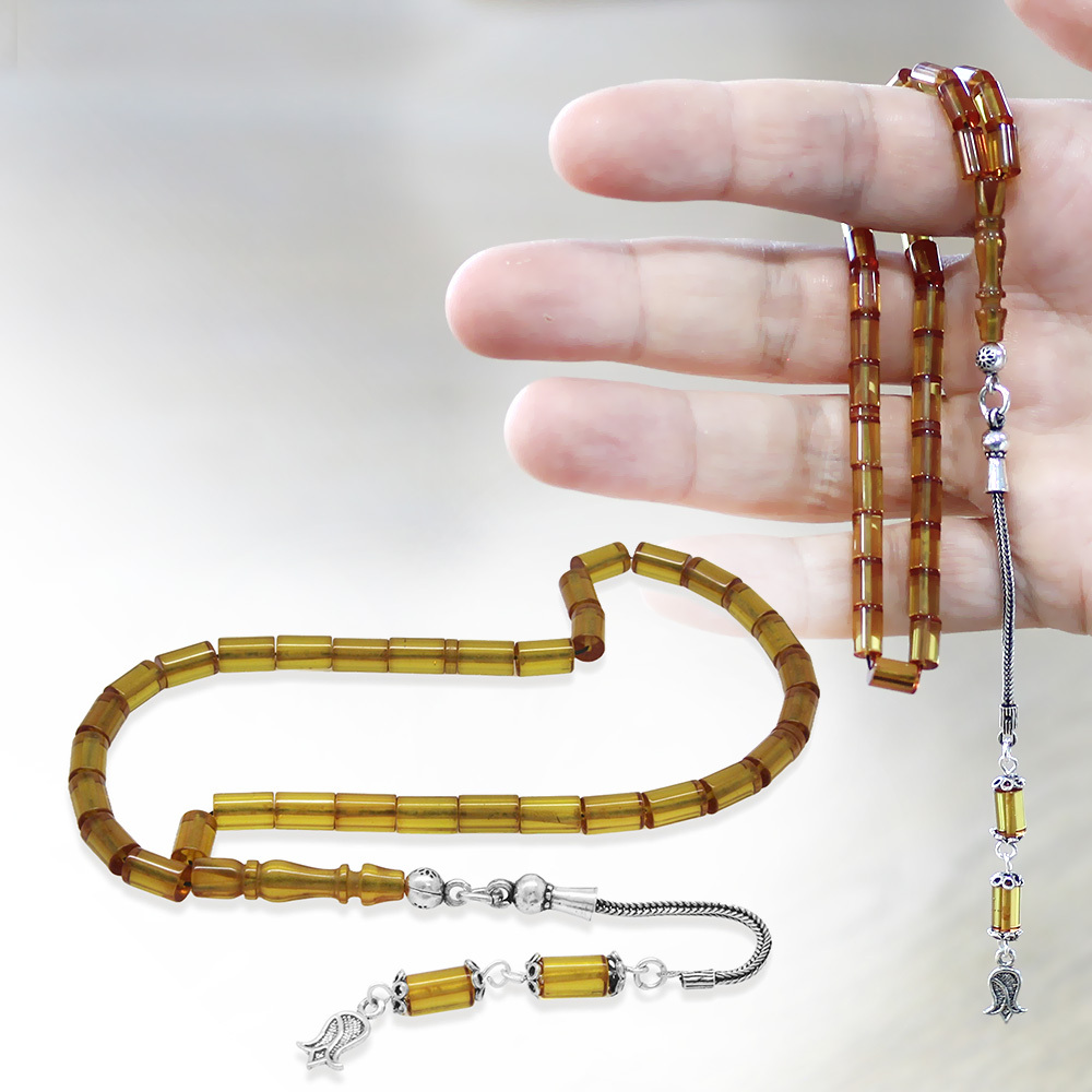 Ateş Kehribar Tesbih - 925 Ayar Gümüş Püsküllü - Mini Boy - Sarı - Kesme Kesim - 1