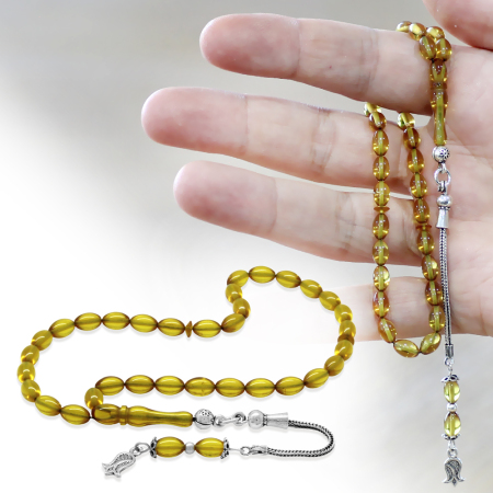 Ateş Kehribar Tesbih - 925 Ayar Gümüş Püsküllü - Mini Boy - Sarı Renk - Arpa Kesim - Tesbihane